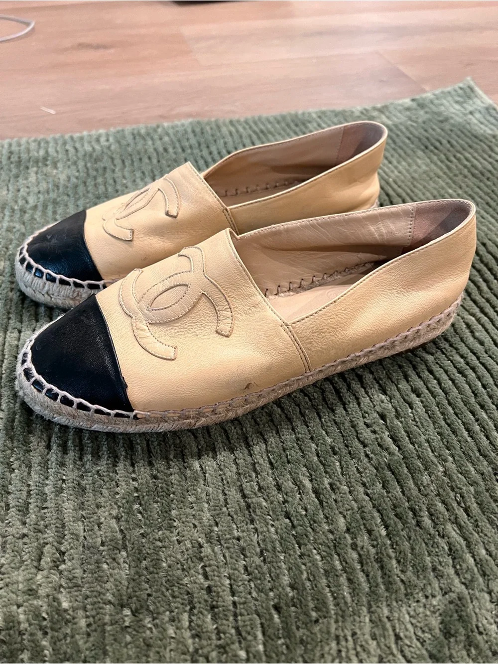 Chanel Two-Tone Leather Espadrilles in Beige and Black